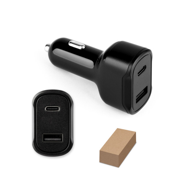 Adaptador de isqueiro com porta USB-A 18W e USB-C 20W em ABS 100% reciclado Personalizado
